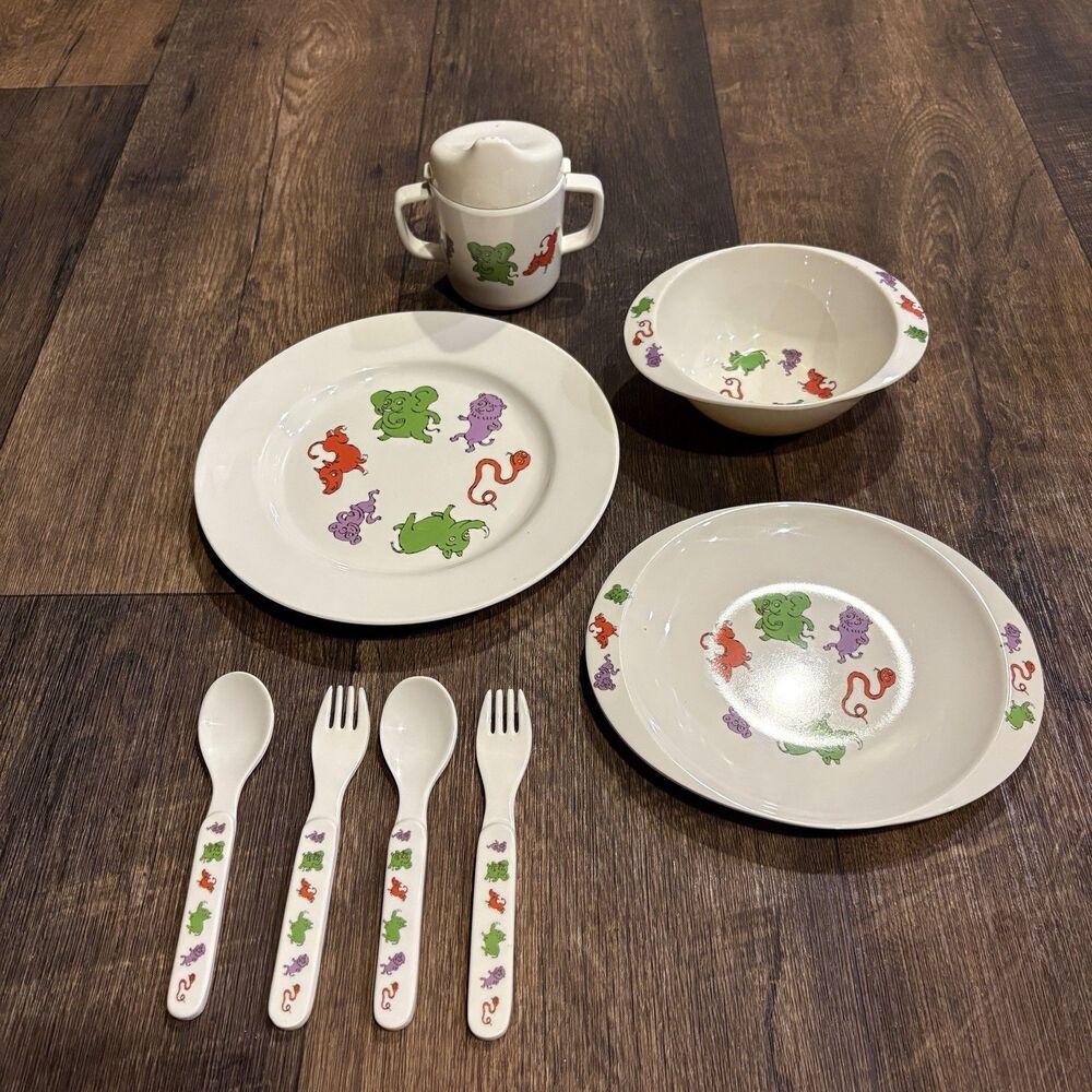 Vintage Jungle Friends Melamine Child Dinnerware Set Plate Bowl Cup Utensils